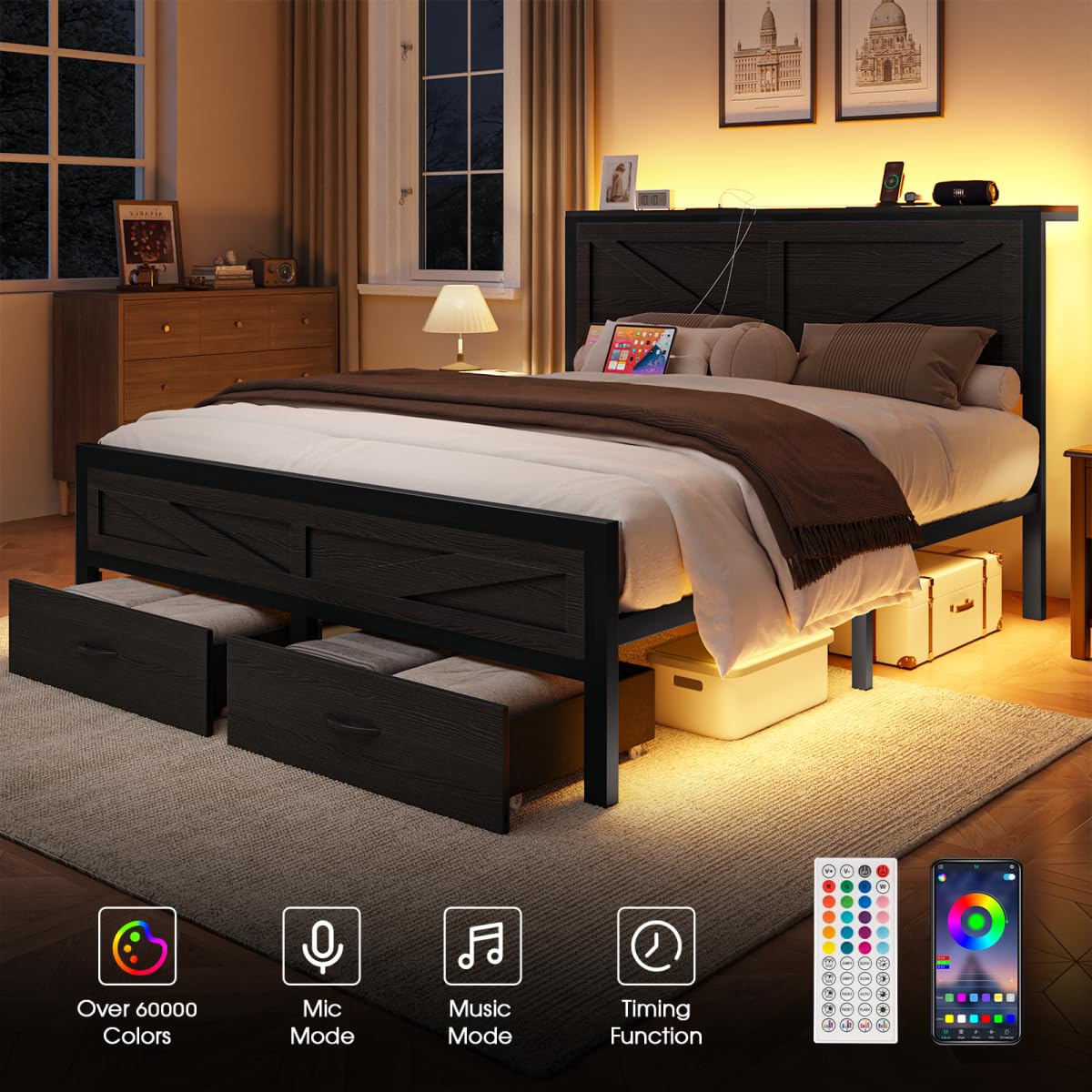 Siihnon Rustic Full Size Bed Frame with Storage Drawers and Barn Door Headboard, Farmhouse LED Bed Frame Full with Charging Station, Metal Industrial Platform Bed Frames, No Box Spring Needed, Black Siihnon