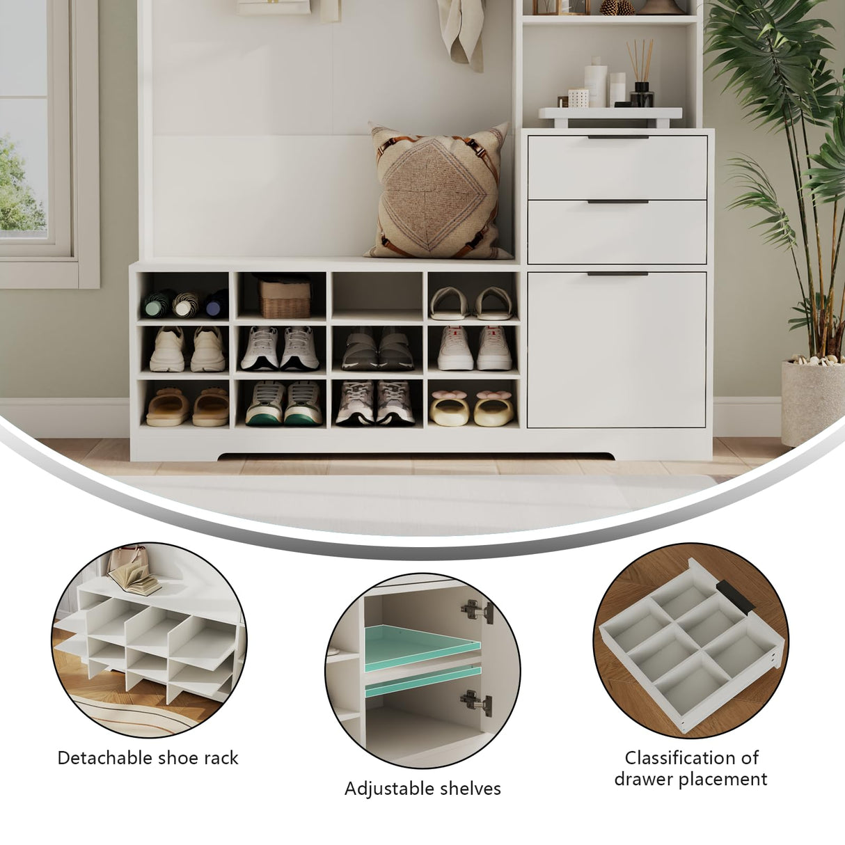 5-in-1 Hall Tree with Storage and Shoe Rack for Entryway,Entryway Bench with Coat Rack and Shoe Cabinet,9 Coat Hooks & 12 Shoe Cubbies,Farmhouse Shoe Storage Cabinet with Drawer for Hallway (White) Gyfimoie