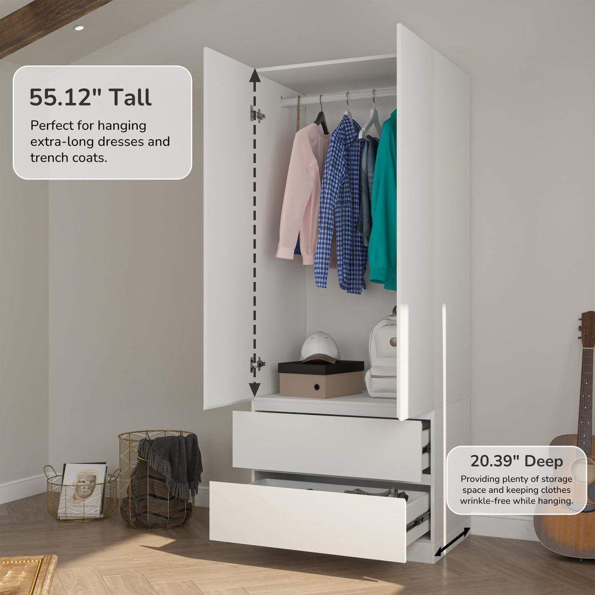 Jiaoun Armoire Wardrobe Closet with 2 Drawers & 2 Door, Armoires and Wardrobe with Hanging Rod, Wardrobe Cabinet for Bedroom, White (31.5”W x 20.39”D x78.74”H) Jiaoun