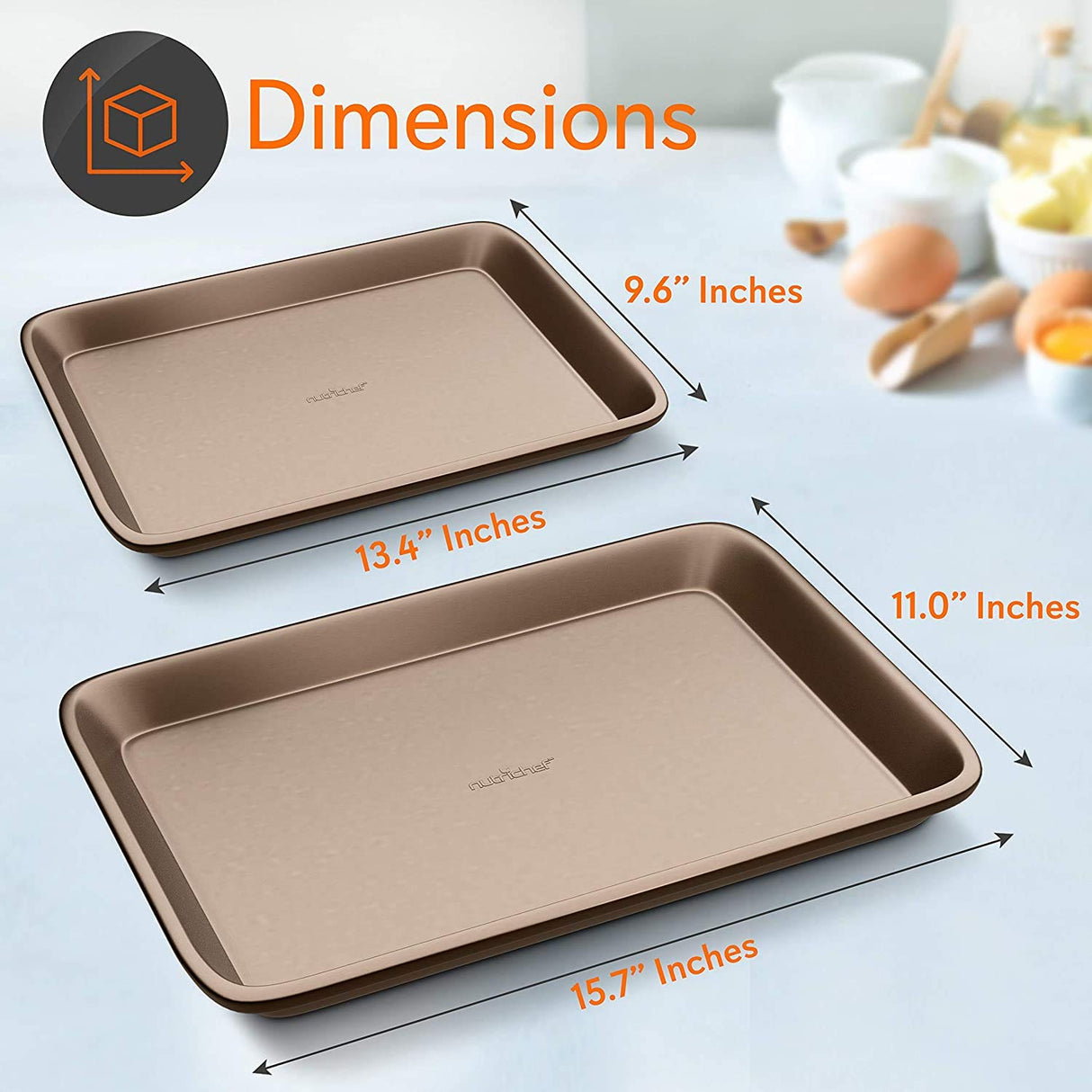 NutriChef 2-Piece Premium Nonstick Cookie Sheets for Baking - Slick Carbon Steel Baking Sheet Set w/ Raised Edges for Roasting, Baking, & More - 15" x 11" & 13" x 9" - PTFE, PFOA, PFOS Free NutriChef