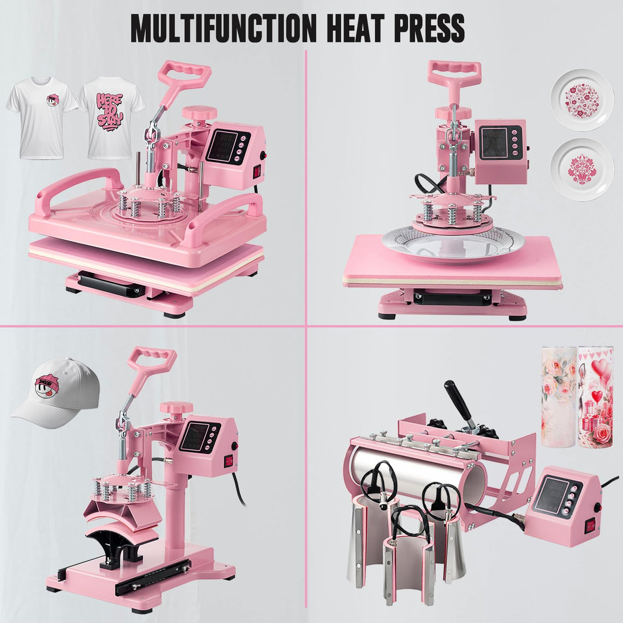 Leomru 8 in 1 Heat Press Machine 12x15 Inch, Heat Press Machine for T Shirts Hat Cap Mug Plate 360° Swing Away, Sublimation Heat Press Heat Transfer Machine W/ 30OZ Tumbler Press Pink Leomru