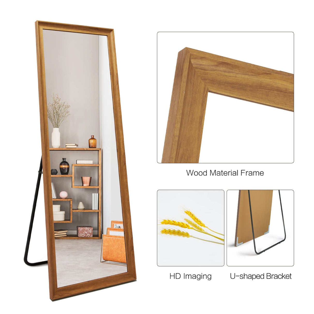 TheiaMo Full Length Mirror Wood Frame, 65×22in Floor Mirror Full Body Mirror with Standing Holder Hanging Wall Mirror, Stand Large HD Mirror, Dressing Mirror for Bedroom/Living Room, Dark Wood TheiaMo