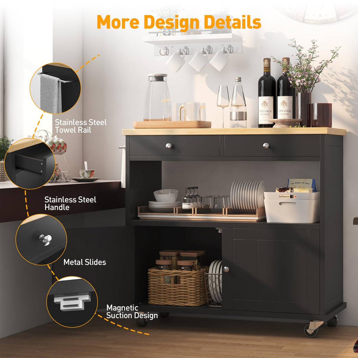 knoworld Rolling Kitchen Island with Storage Cabinet, 35.4'' Width Kitchen Cart, 2 Drawers Island Table, Portable Mobile Kitchen Island with Towel Rack, Wood Top and Lockable Wheels, Black knoworld