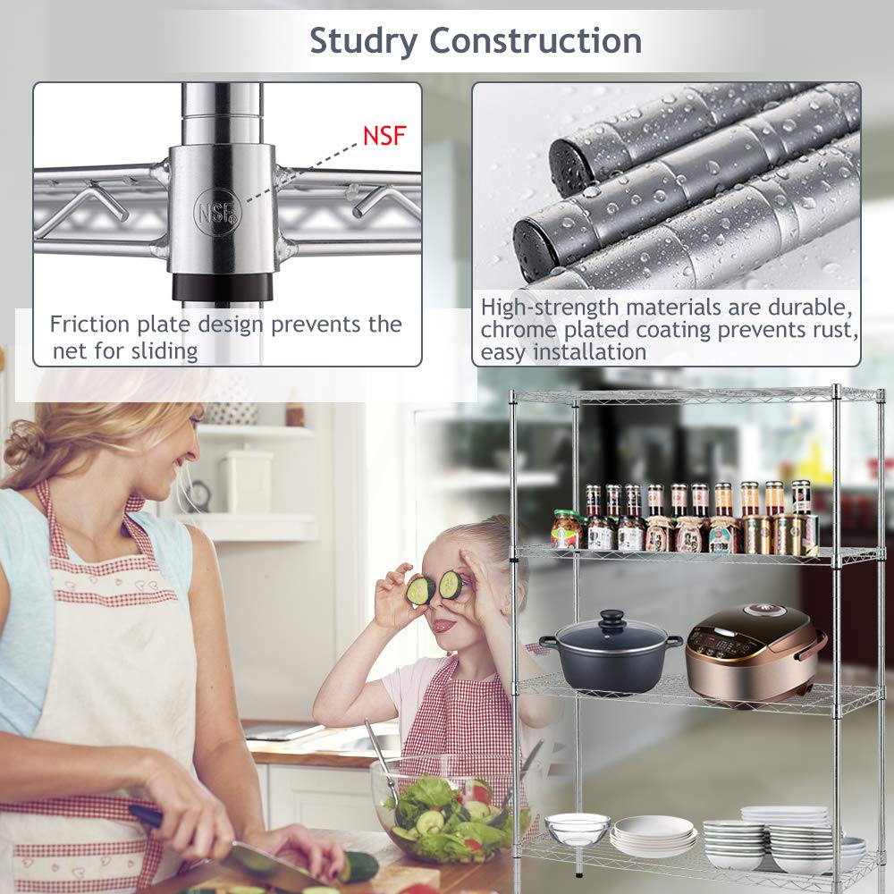 4-Shelf Adjustable Heavy Duty Metal Storage Shelving, 250 Capacity Per Shelf, 36" X 14" X 54" Wire Shelving Unit Racks for Garage Closet, Chrome Dkeli