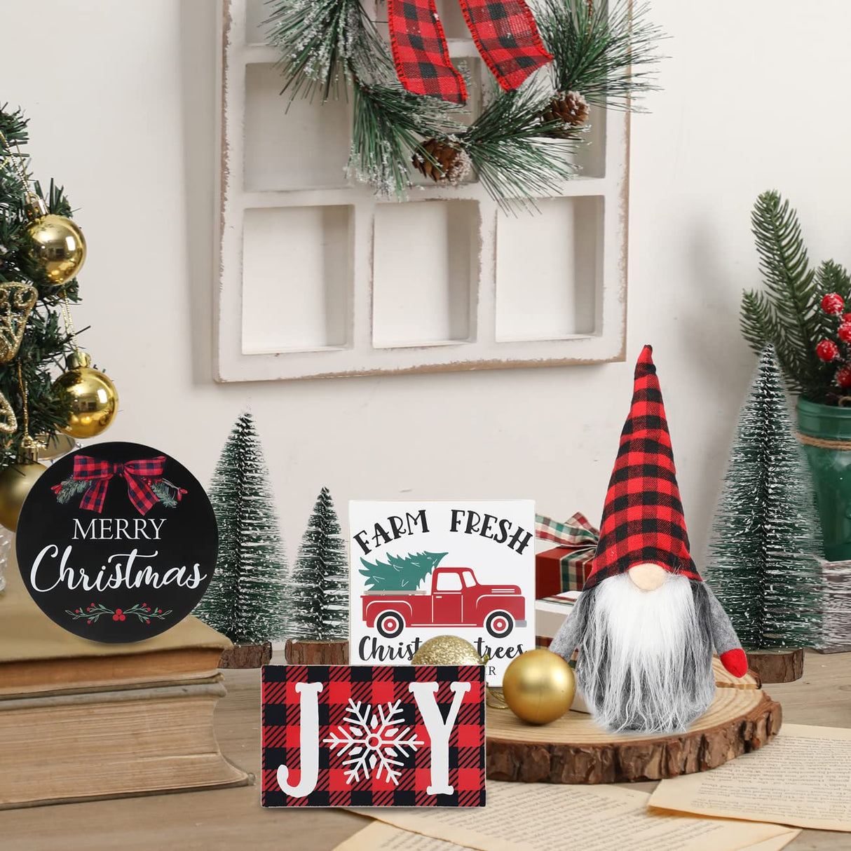 Christmas Tiered Tray Décor Set of 7, Merry Christmas Farm Fresh Truck, Joy Wood Sign Buffalo Plaid Gnome Plush and Trees, Farmhouse Table Home Party Shelf Fireplace Mantel Decor NEWLIGHTURE