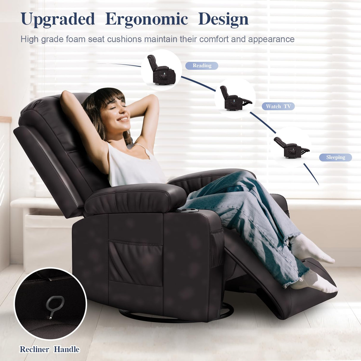 FURNIMAT Recliner Chairs for Adults, Massage Rocker with Heated Modern Ergonomic Lounge 360 Degree Swivel Single Sofa Seat Living Room Lounge Recliners Brown FURNIMAT