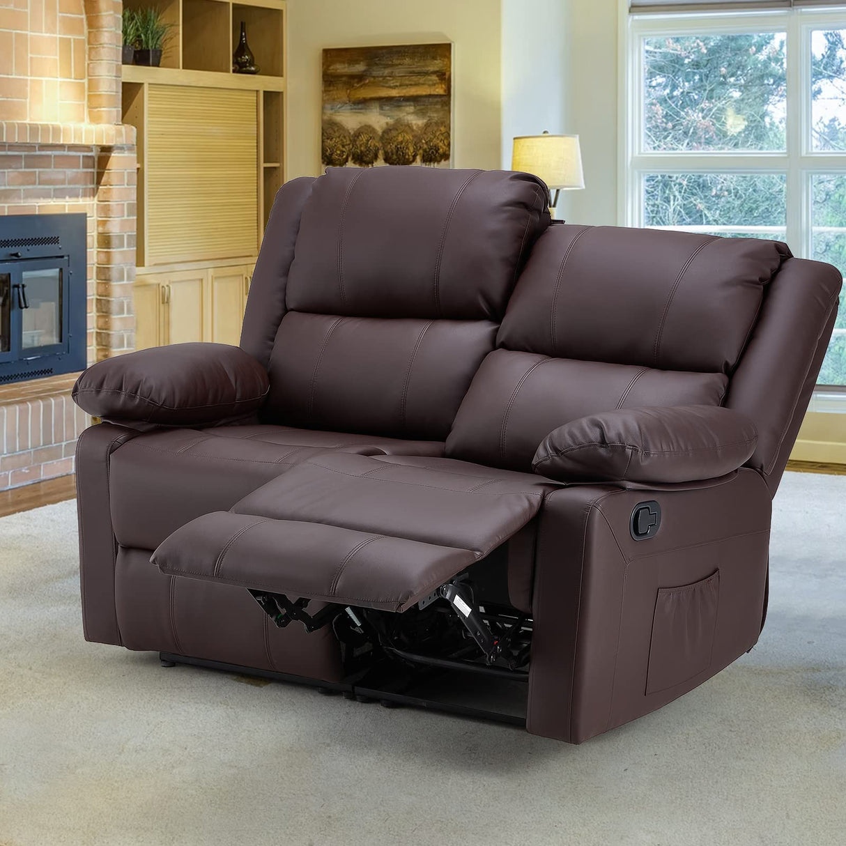 YODOLLA Loveseat Recliner with Heat&Massage Function, RV Couch Wall-Hugger Reclining Sofa Modern Manual Faux Leather Control, Home Theater Seating, Brown YODOLLA