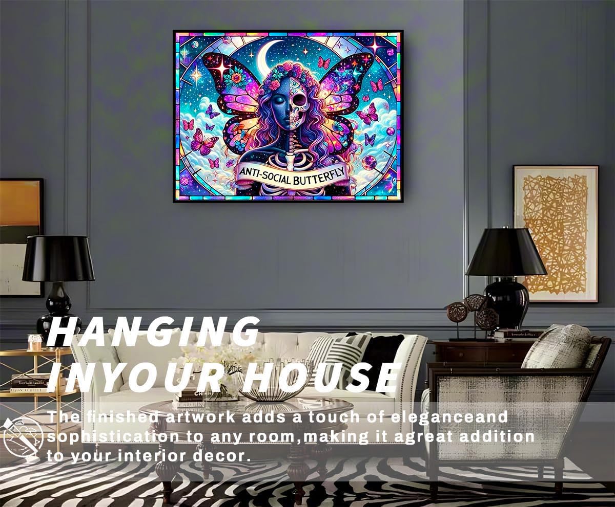 igoodom Diamond Art Kits for Adults, Sugar Skull Diamond Painting Kit, Full Drill Round Butterfly Diamond Art Kits, DIY Gem Art and Crafts for Home Wall Decor Gift 16x12inch igoodom