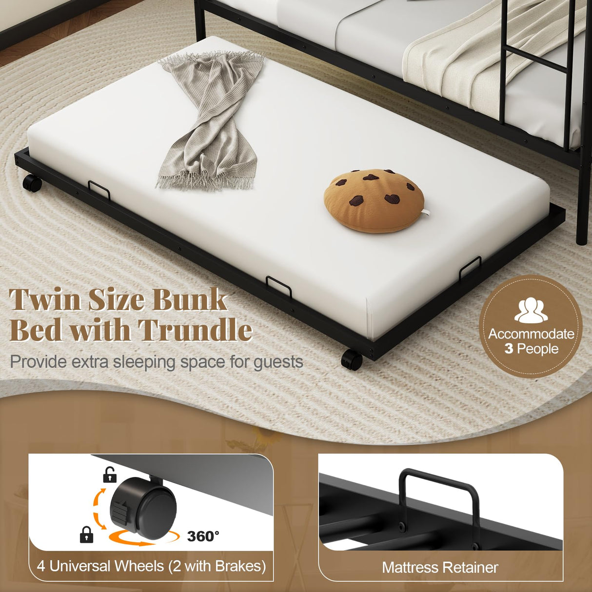 Giantex Metal Twin Over Twin Bunk Bed with Trundle, Industrial Twin Bunk Beds with Ladder & Full-Length Guardrails, Space Saving Bunk Bed for Teens, Adults, Guests, No Box Spring Needed, Black Giantex