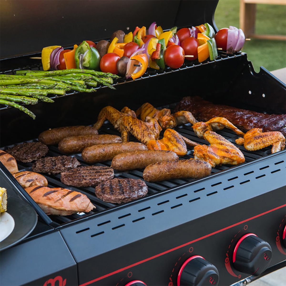 Megamaster 720-0982 5 Burner Propane Barbecue Gas Grill, Side Shelves with Hooks, for Outdoor Cooking, Patio, Garden Barbecue Grill, 50000 BTUs, Open Chart, Black Megamaster