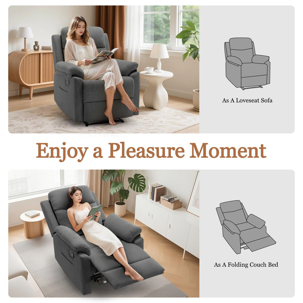 Korser Recliner Chair, Small Recliners for Small Spaces, Upholstered Manual Recliner with Side Pockets, Comfy Corduroy Chairs for Living Room, Bedroom, Reading, Grey Korser