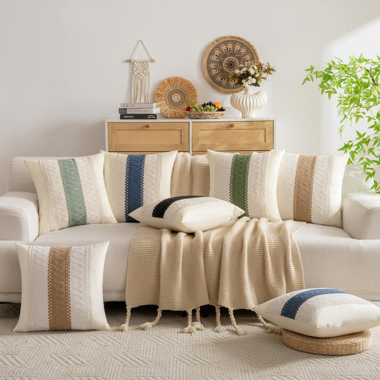 DBoer Brown Boho Cotton Throw Pillow Covers 18x18 Inch Rustic Farmhouse Decorative Pillowcases Retro Macrame Woven Square Cushion Cases for Sofa Couch Bed Living Room Home Decor Set of 2 DBoer