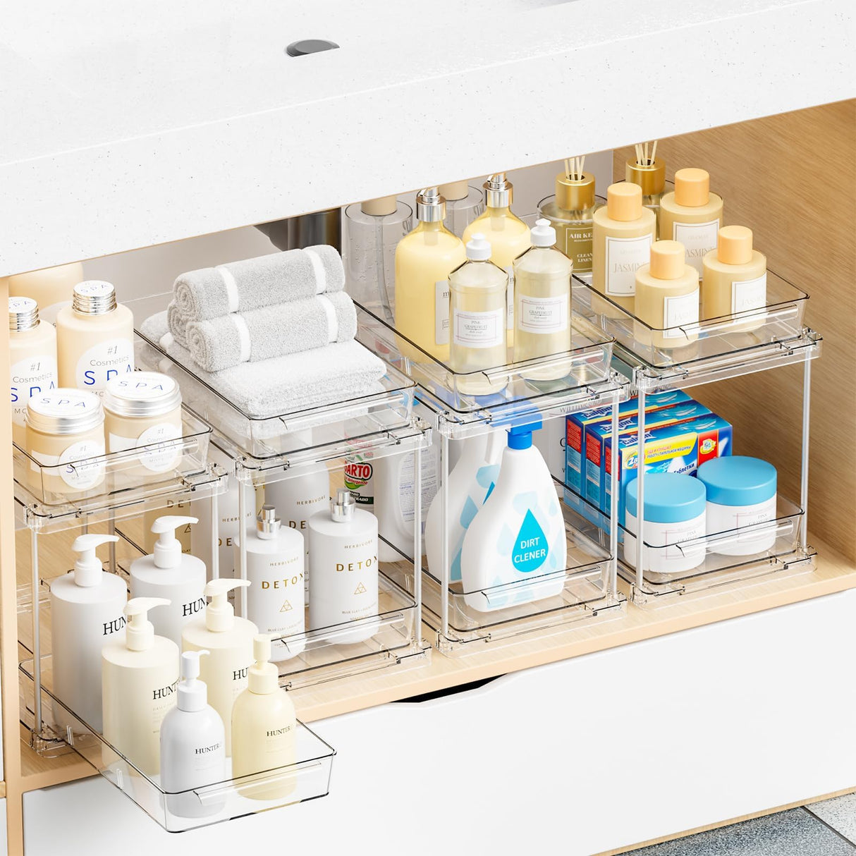 Yieach 4 Pack Under Sink Organizers and Storage,Clear Acrylic Bathroom Organizer and Cabinet Organization for Makeup,Medicine,Two Tier Pull Out Cabinet Organizer Drawers for Pantry,Vanity Storage Bins Yieach