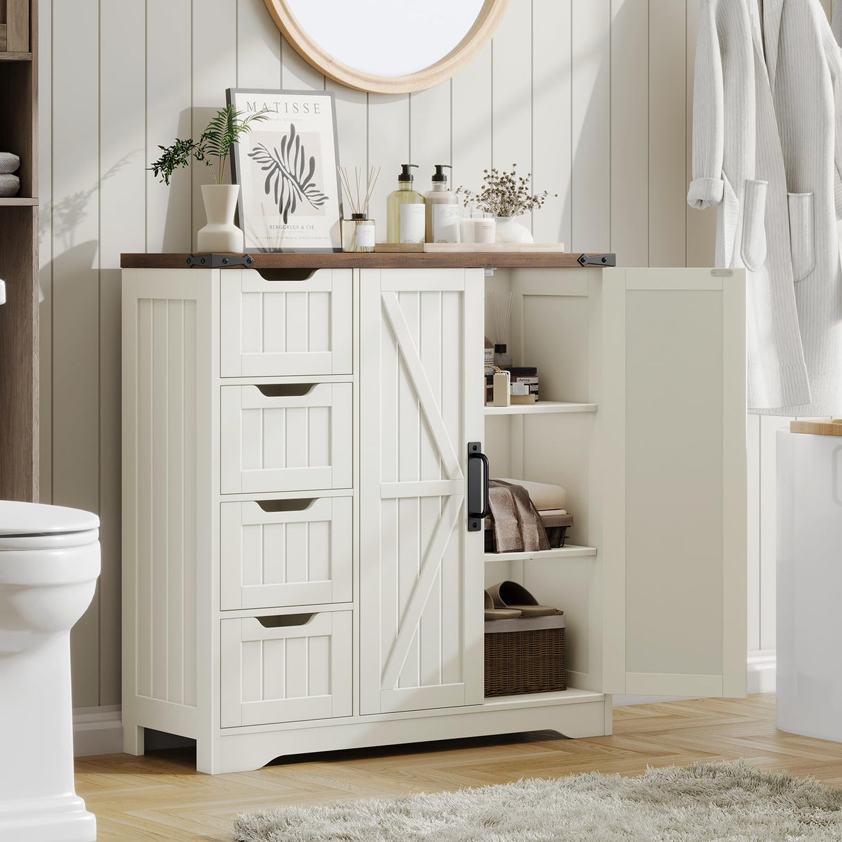 Vabches Farmhouse Bathroom Cabinet, Freestanding Storage Cabinet with 4 Drawers and 2 Doors, Rustic Storage Organizer with Adjustable Shelf for Bathroom, Living Room, Entryway, White Vabches