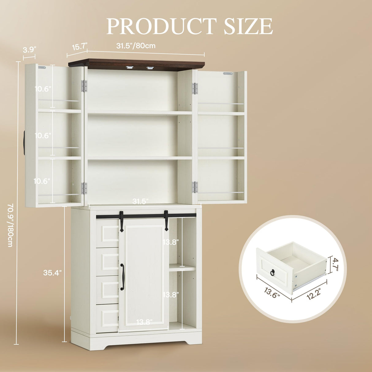 DWVO 71" Kitchen Pantry with Sliding Barn Door & Storage Drawers, Farmhouse Tall Storage Hutch Cabinet with Adjustable Shelves, Versatile Organizers for Living Room, Dining Room, Hallway, Off White DWVO