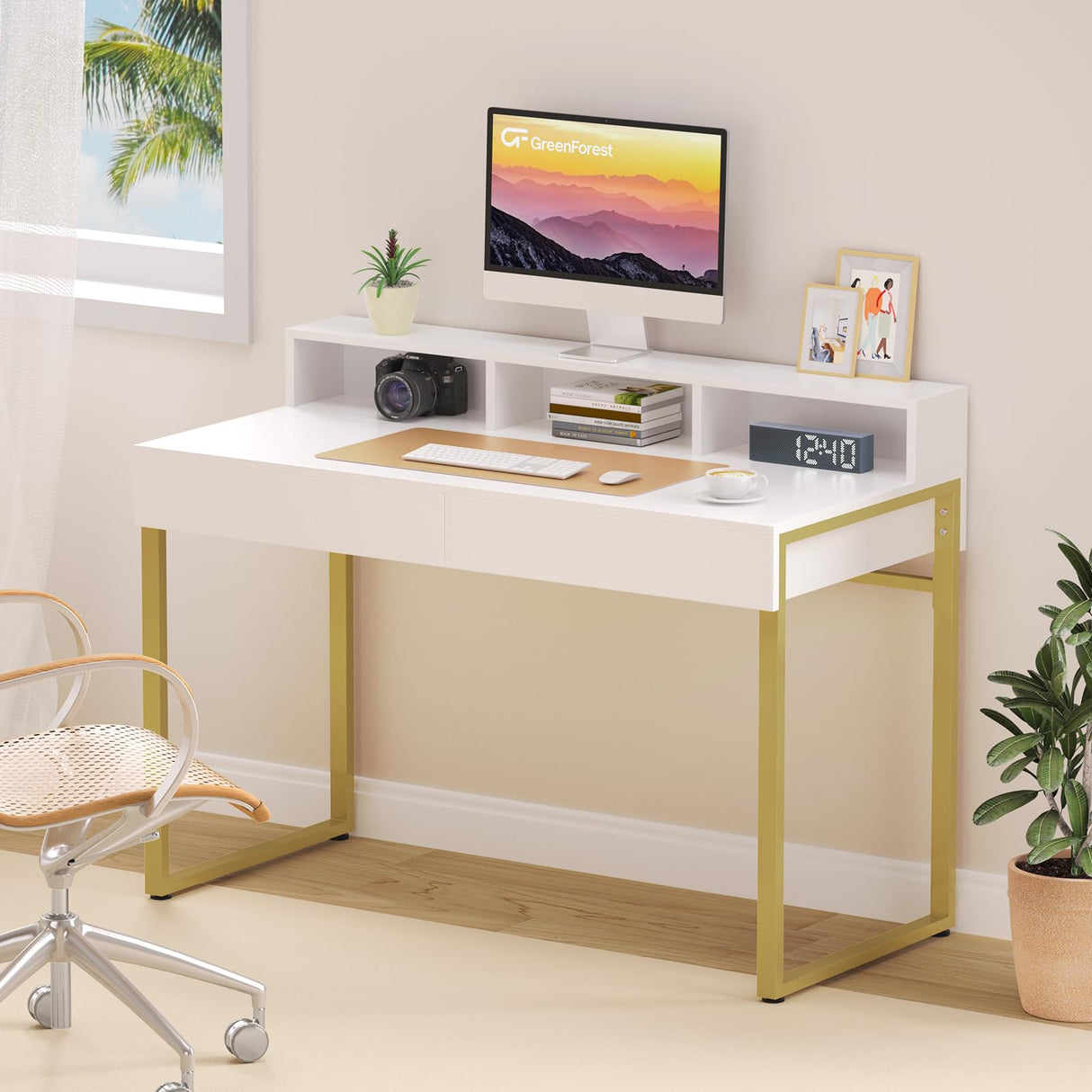 GreenForest Vanity Desk with 2 Drawers, White Makeup Desk with 3 Storage Spaces, 40 inch Small Desk with Gold Metal Legs, Modern Home Office Desk for Kids, Bedroom (No Mirror) GreenForest