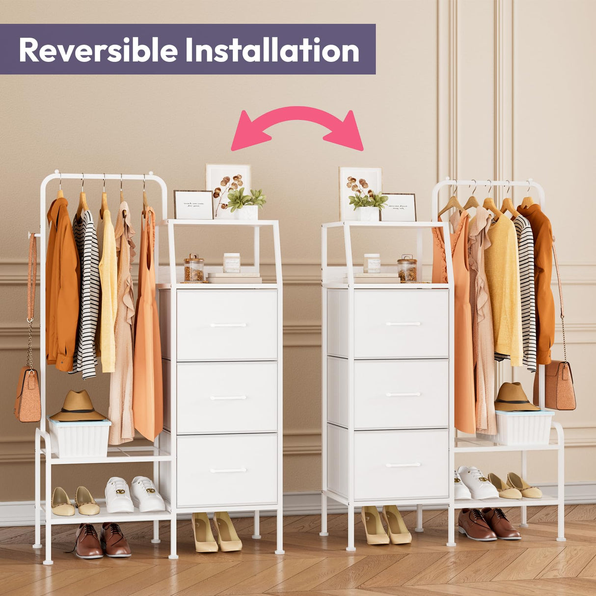 SWTYMIKI Dresser with Hanging Rack - 3 Fabric Drawers Kids Dresser for Bedroom - Reversible Tall Storage Tower, Small Space Clothes Storage Organizer Cabinet for Apartment, Dorm 49.21''H, White SWTYMIKI