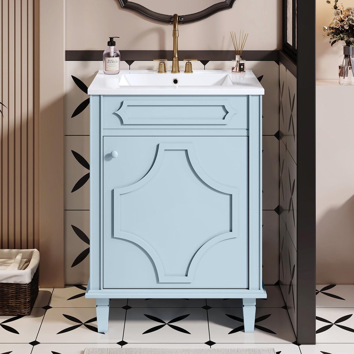 Virubi 24 Inch Bathroom Vanity with Ceramic Sink, Modern Bathroom Storage Cabinet with Flower-Shaped Carved Lines, Bathroom Vanities with Soft Closing Doors & Hidden Adjust Shelf Virubi
