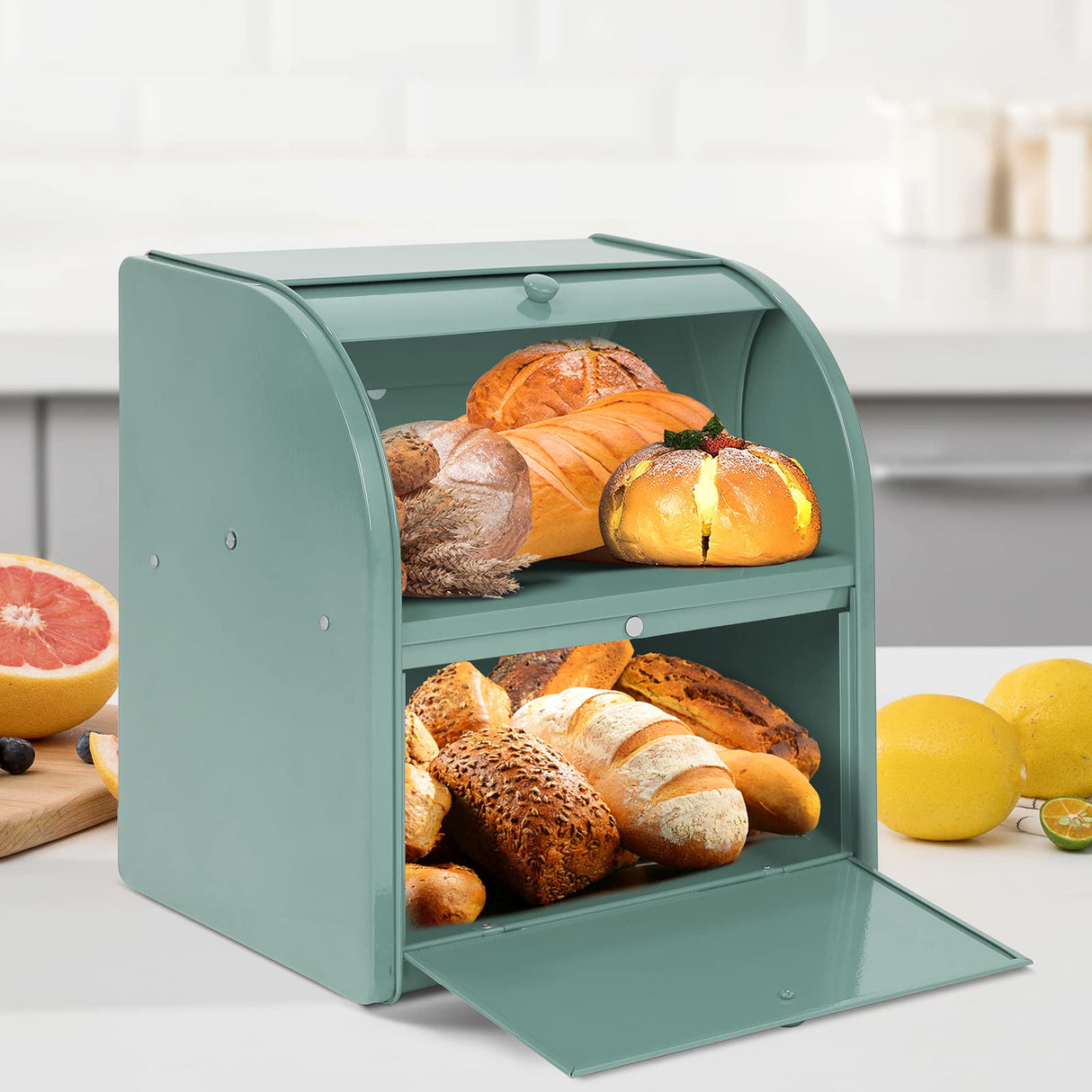 Olebes Bread Box, Metal Bread Box For Kitchen Countertop, Bread Storage Container Holds 2 Loaves Of Bread, High Capacity Breadbox, Bread Holder Suit Farmhouse Kitchen Decor For Counter Olebes