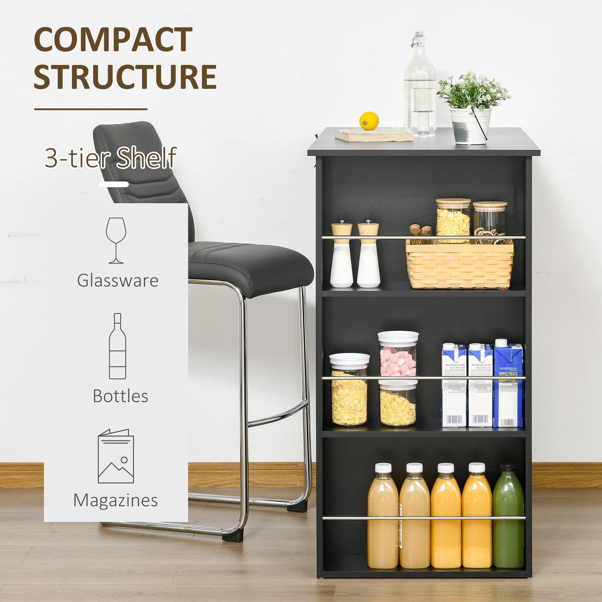 HOMCOM Stylish Black Bar Table with 3-Tier Storage Shelves for Kitchen and Dining Spaces HOMCOM