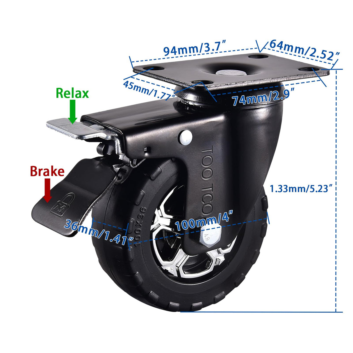 Heavy Duty 4 Inch Caster Wheels Set of 4 2200Lbs Capacity Silent Swivel with brake & Rigid TPR Rubber Wheels Locking Industrial Plate Casters for Cart Furniture Workbench 2 Fixed & 2 Swivel with Brake TOO TCO