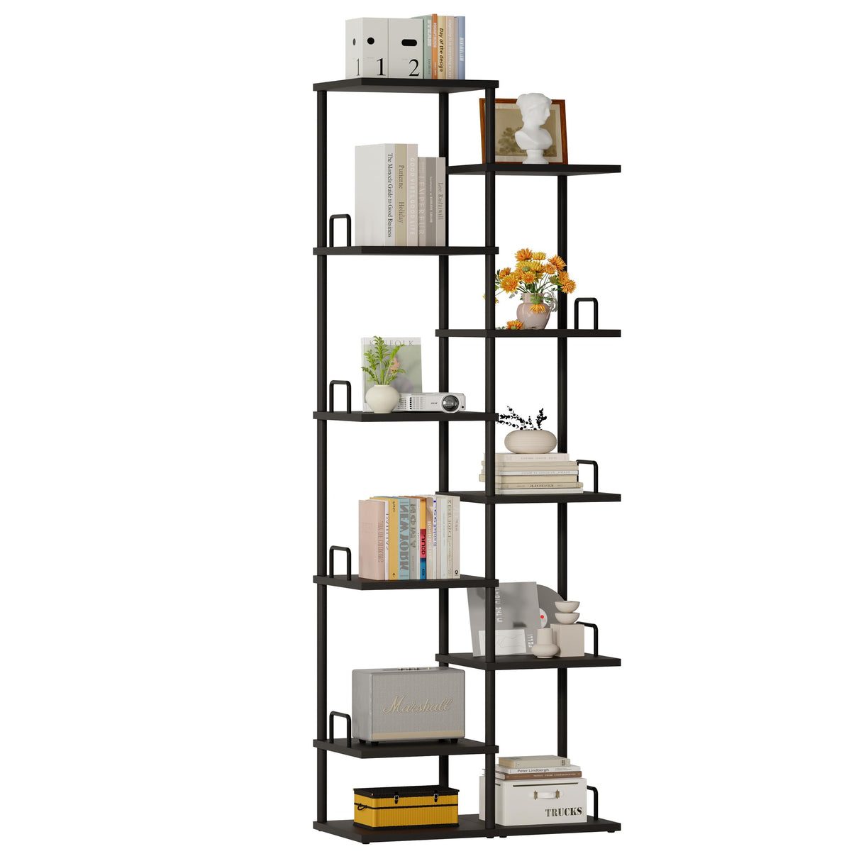 10 Tier Tree Bookshelf Tower Metal Spine Bookcase Industrial Bookshelves Tall Narrow Books Organizer Floor Standing Ladder Book shelf for Living Study Room Office Bedroom Corner Display black HBC506B IRCPEN