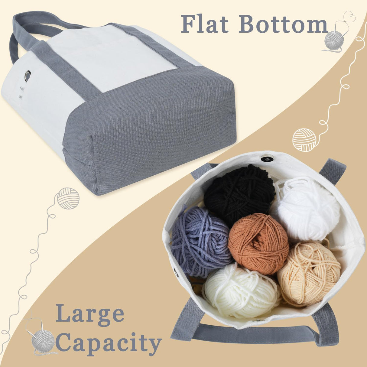 LeCorner Canvas Tote Yarn Bag Organizer, Lightweight Storage for Knitting, Portable Travel Bags and Totes, Crochet Accessories, Knitting Kit Holder LeCorner