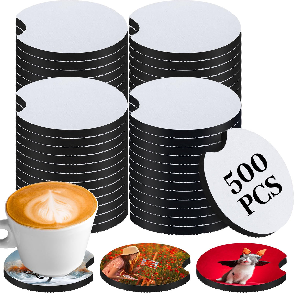 Sliner 500 Pcs 2.75 Inch Sublimation Blanks Car Coaster Sublimation Coasters Blanks Circular Opening Neoprene Absorbent Car Cup Holder Coaster for Thermal Sublimation DIY Crafts Painting Heat Transfer Sliner