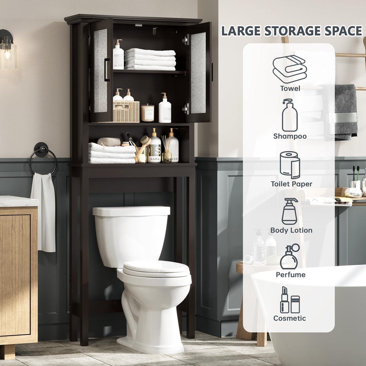 Baztin Over The Toilet Storage Cabinet, Over Toilet Bathroom Organizer with Glass Doors and Adjustable Shelf, Thicken Frame Above Toilet Storage Cabinet Behind Toilet Bathroom Organizer, Espresso Baztin