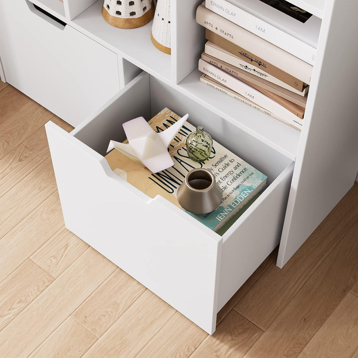 Modern White Bookshelf with Drawers and 9 Cubes by IDEALHOUSE, Versatile Storage Organizer for Home and Office IDEALHOUSE