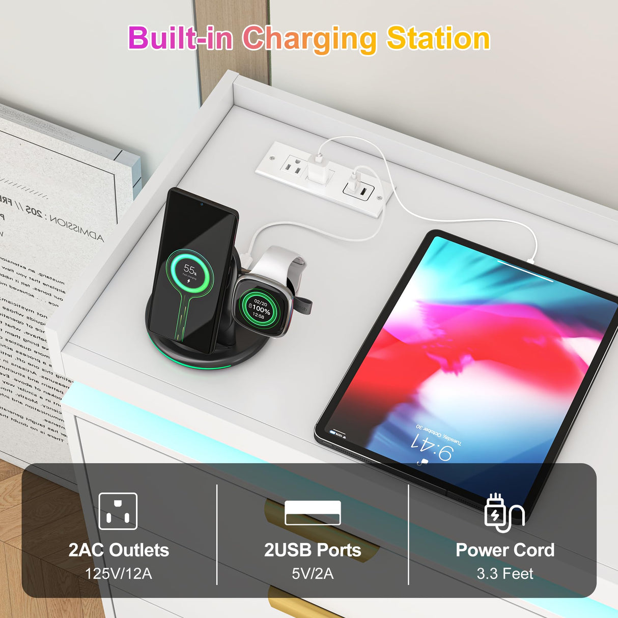 knoworld 8 Drawer Dressers for Bedroom, White Dresser with LED Lights and Power Outlet, Wood LED Dresser, Double Wide Modern Chest of Drawers for Bedroom, Entryway, Hallway knoworld