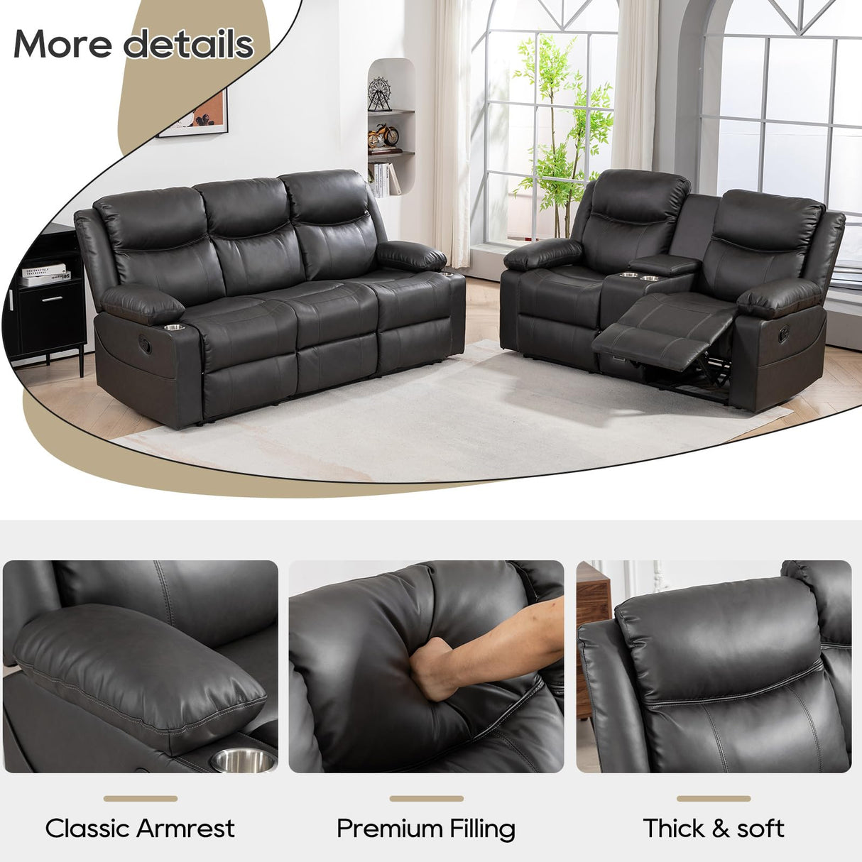 PALLOME Recliner Sofa Set - Reclining Sofa Couch Set, 2 Pieces Recliner Furniture Sofa Set, 3-Seater Reclining Sofa & 2-Seater Reclining Loveseat with Massage & Heat for Living Room (Grey) PALLOME