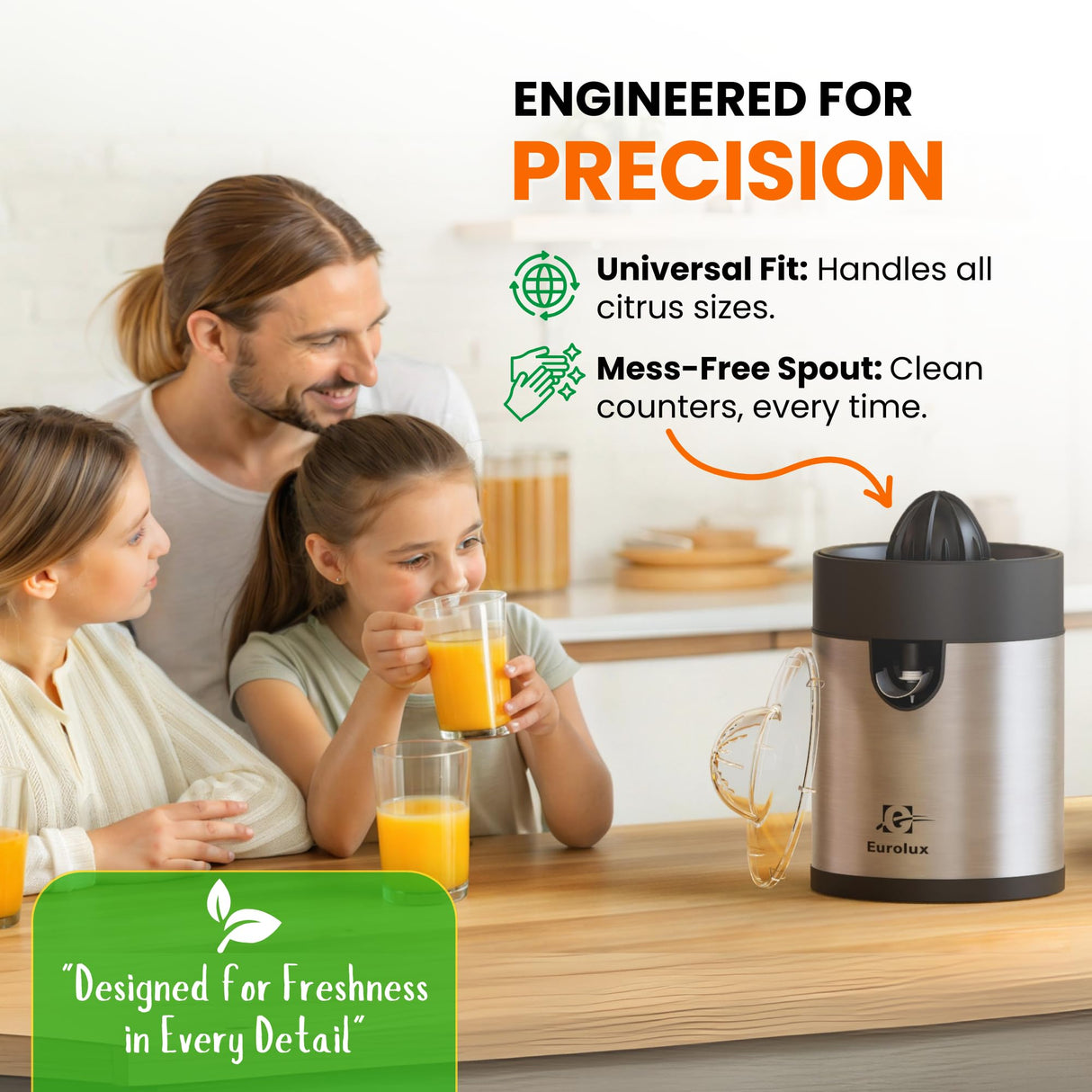 Eurolux Electric Orange Juicer, Sleek Effortless Citrus Juice Squeezer for Lemon, Lime, Grapefruit | Powerful Motor, Easy to Clean, Removable Dishwasher-Safe Parts Eurolux