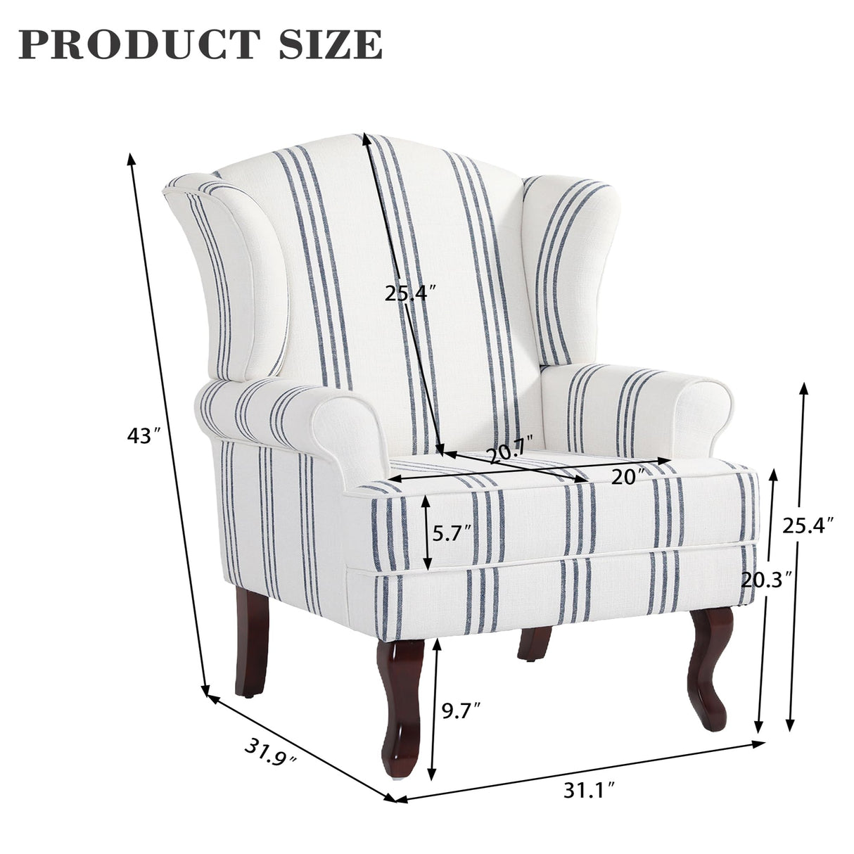 Pia Ricco Stripe High Back Floral Accent Chair, Upholstered Fabric Armchair with Solid Wood Legs - Retro Living Room Reading Chair, Comfortable Single Sofa Seat-Navy Pia Ricco