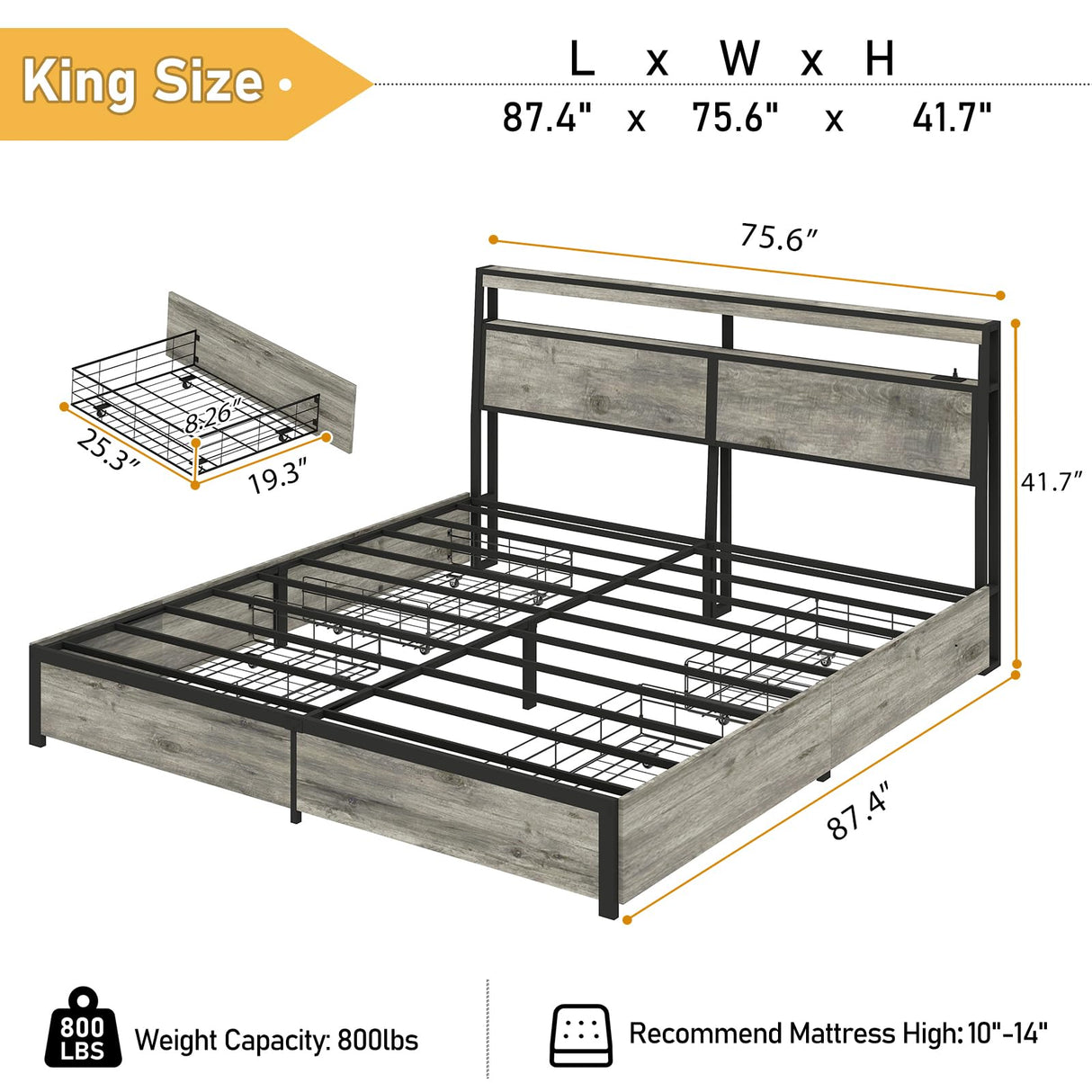 SADENICEL King Size Bed Frame with Storage Headboard, Metal Platform King Bed Frame Wood with 4 Drawers, LED Light, Charging Station, No Box Spring Needed, Noise Free, Easy Assembly, Grey SADENICEL