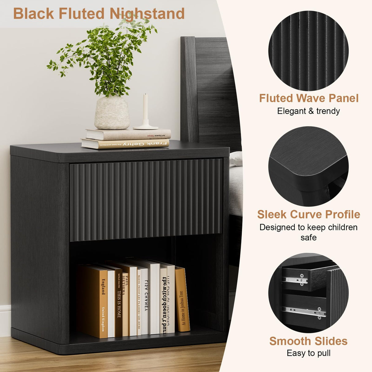 22.8" W Black Fluted Nightstand Set of 2 with 4 Drawers, Mid Century Modern Nightstand with Hidden Drawers, Large Night Stand, Accent End Table, Bedside Table with Open Shelf, Curved Profile Design XIAO WEI