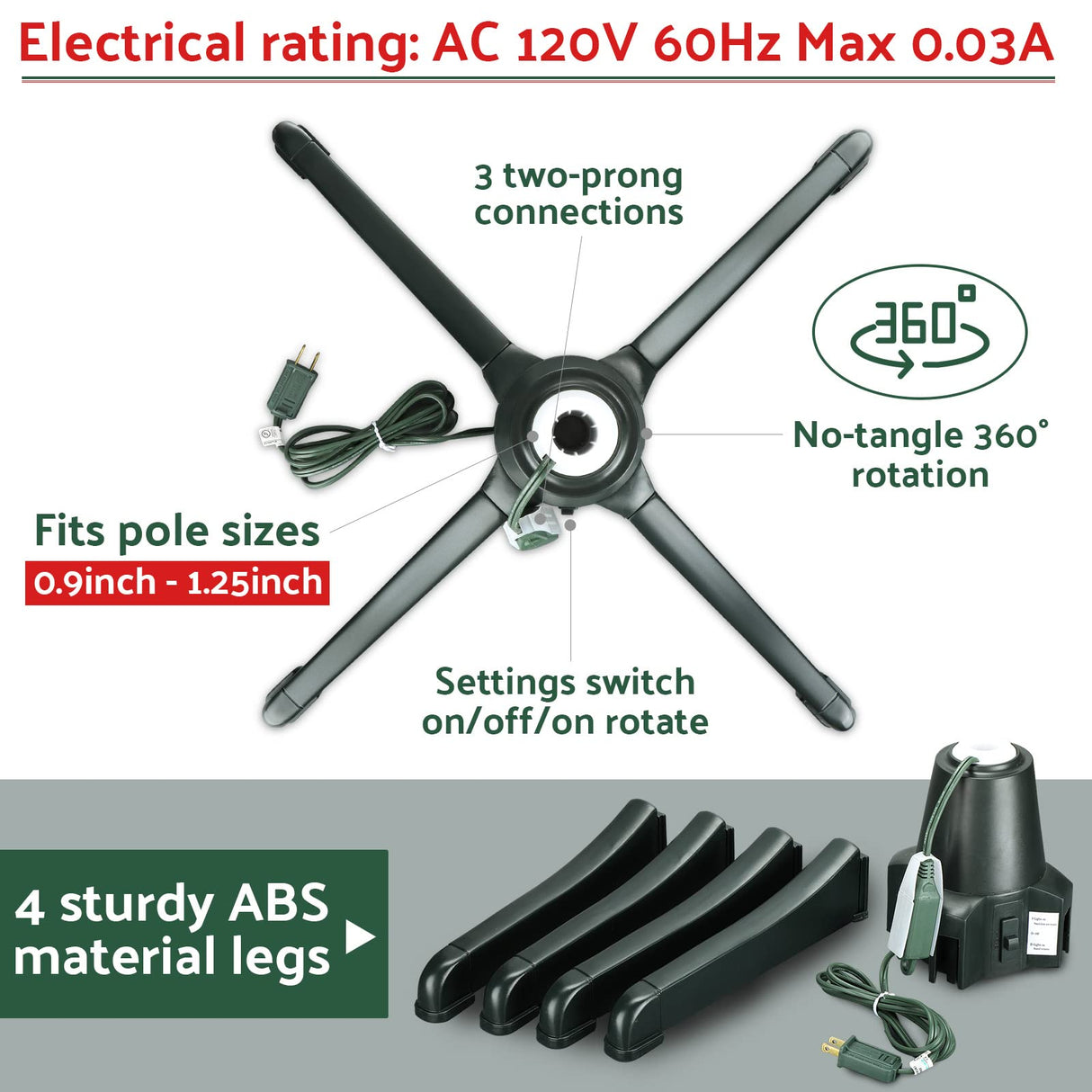 Hortsun Christmas Tree Stand 360 Degree Rotating Adjustable Tree Stand Replacement Electric Revolving Xmas Tree Base for up to 7.5ft Artificial Holiday Trees, Green Hortsun