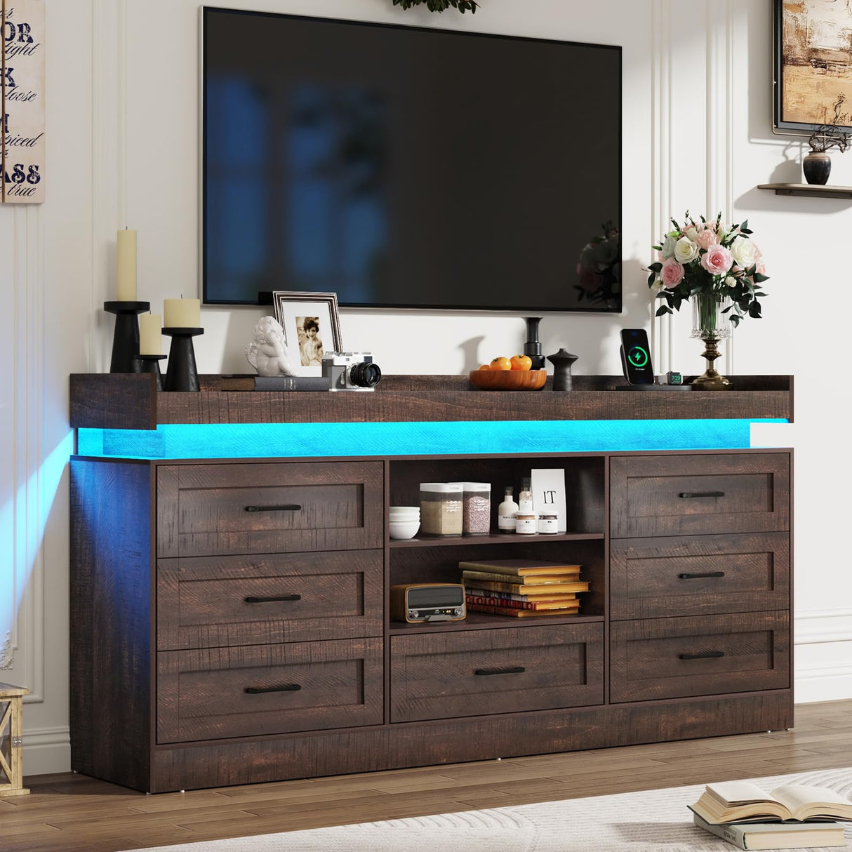 70" Large Farmhouse 7 Drawers Dresser for Bedroom with LED Light and Power Outlets + 2 Open Storage Shelves,Wide 7 Chests of Drawers for Closet,Storage Dressers Organizer for Bedroom(Antique Brown) Hlivelood