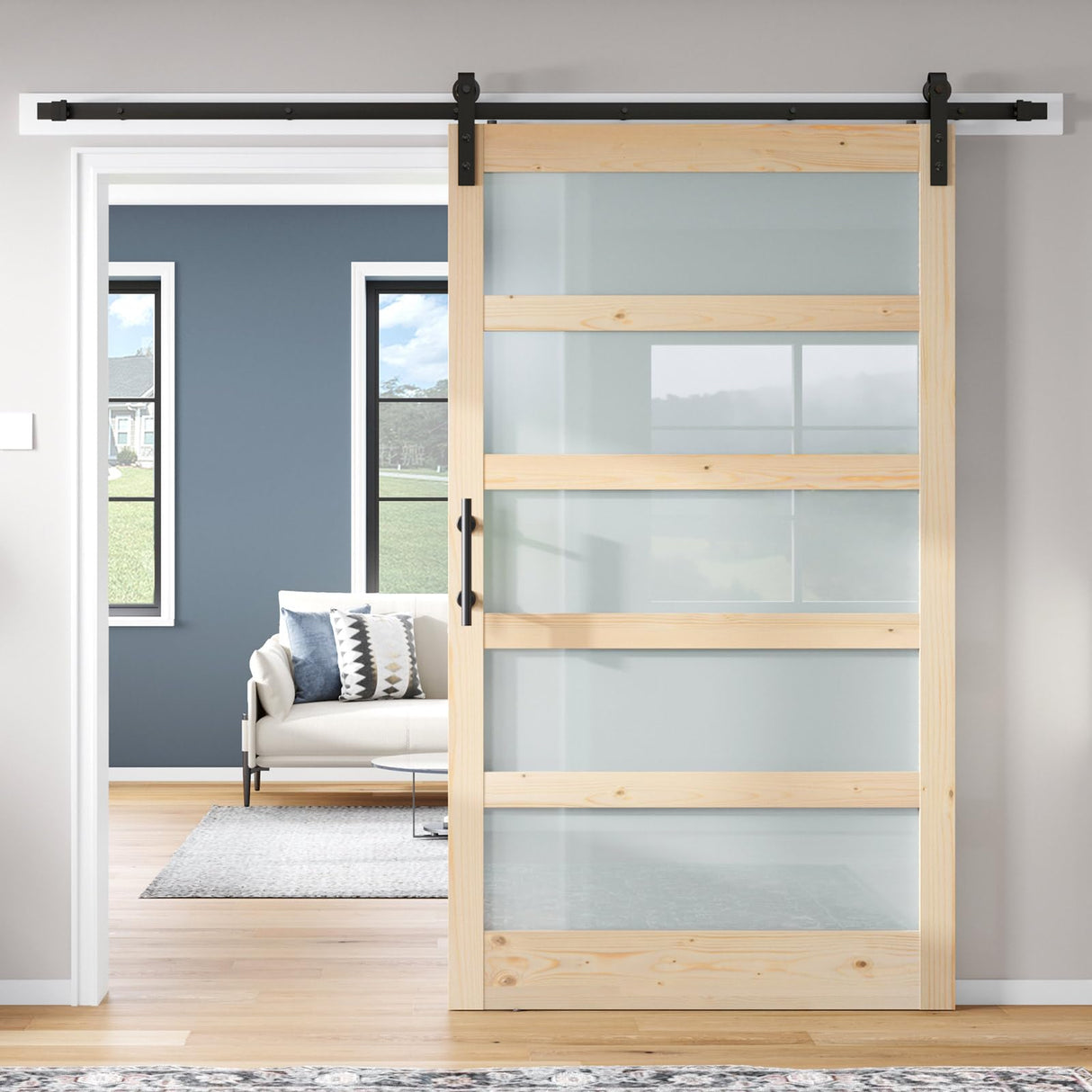 ROYMELO 48x84 inch Glass Sliding Barn Door Slab with 8ft Hardware Kit Included, 5-Panel Frosted Glass, Spruce Wood Support DIY Dyeing, Easy Assembly ROYMELO