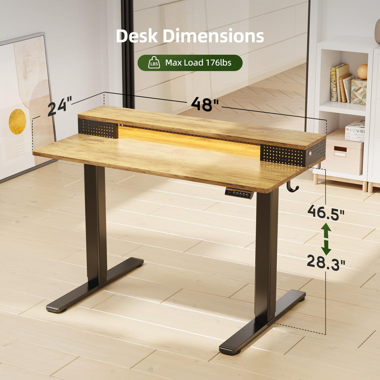 Claiks Electric Standing Desk with Shelf, 48 Inch Height Adjustable Standing Desk with LED Lights & Monitor Stand, Black Frame/Rustic Brown Top Claiks