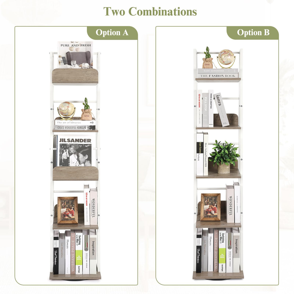 Bikoney 5-Tier Rotating Bookshelf Tower - Tall Industrial White Bookcase for Corners and Small Spaces Bikoney
