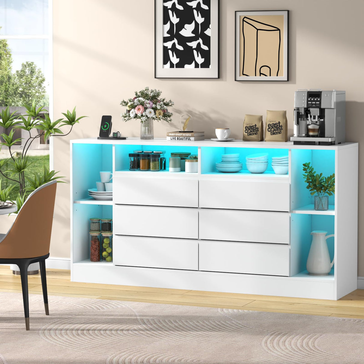 Loomie 6 Drawers Dresser with 6 Open Storage Cubbies, LED Dressers & Chests of Drawers with Power Outlet, 55" Wide Long Dresser for Bedroom, TV Stand with Open Shelf for Living Room (White) Loomie