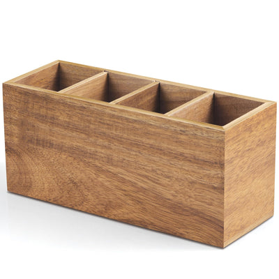 Bivvclaz Pencil Pen Holder for Desk, Acacia Wood Office Desk Organizers and Accessories with 4 Slots for Countertop, Makeup Brush Holder Organizer for Bathroom Vanity, Silverware Caddy for Party