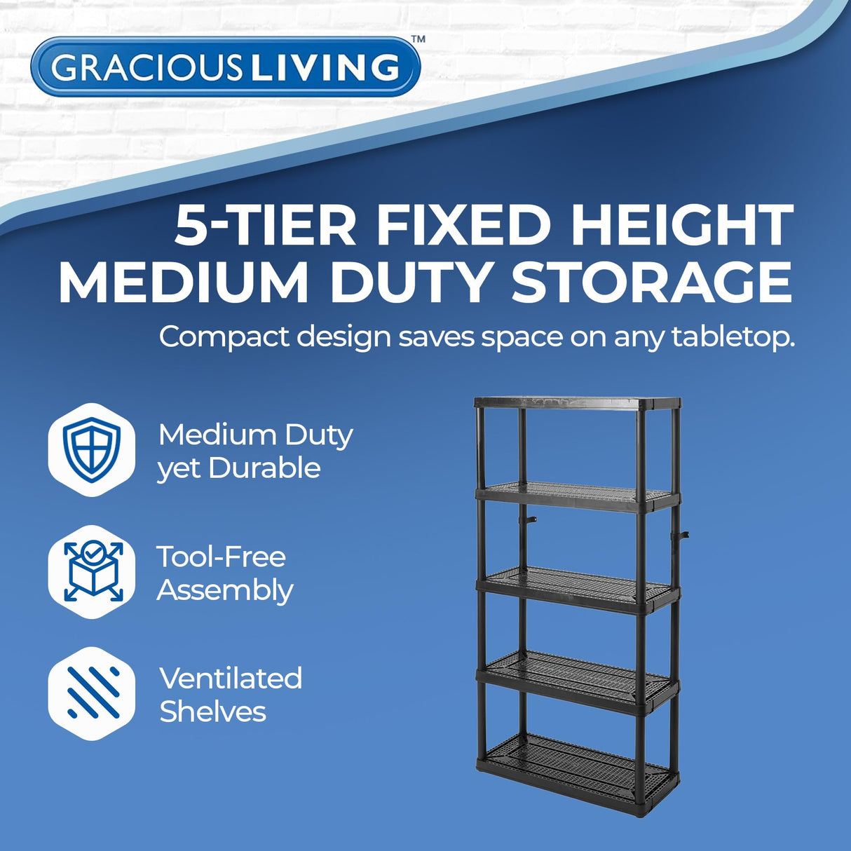 Gracious Living 5 Shelf Fixed Height Ventilated Medium Duty Storage Unit 14 x 32 x 72" Organizer System for Home, Garage, Basement, & Laundry, Black Gracious Living