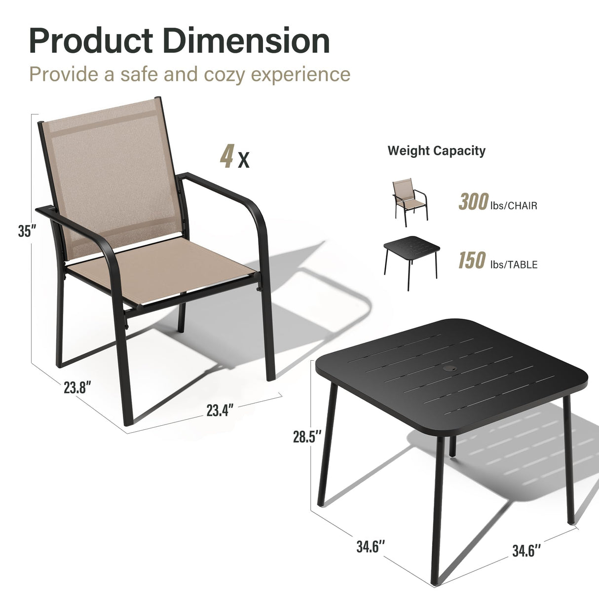 LAUSAINT HOME 5-Piece Outdoor Dining Set, Patio Furniture Set with Textilene Chairs and Square Metal Table, All-Weather Table and Chairs Set with Umbrella Hole for Backyard, Garden, and Poolside LAUSAINT HOME