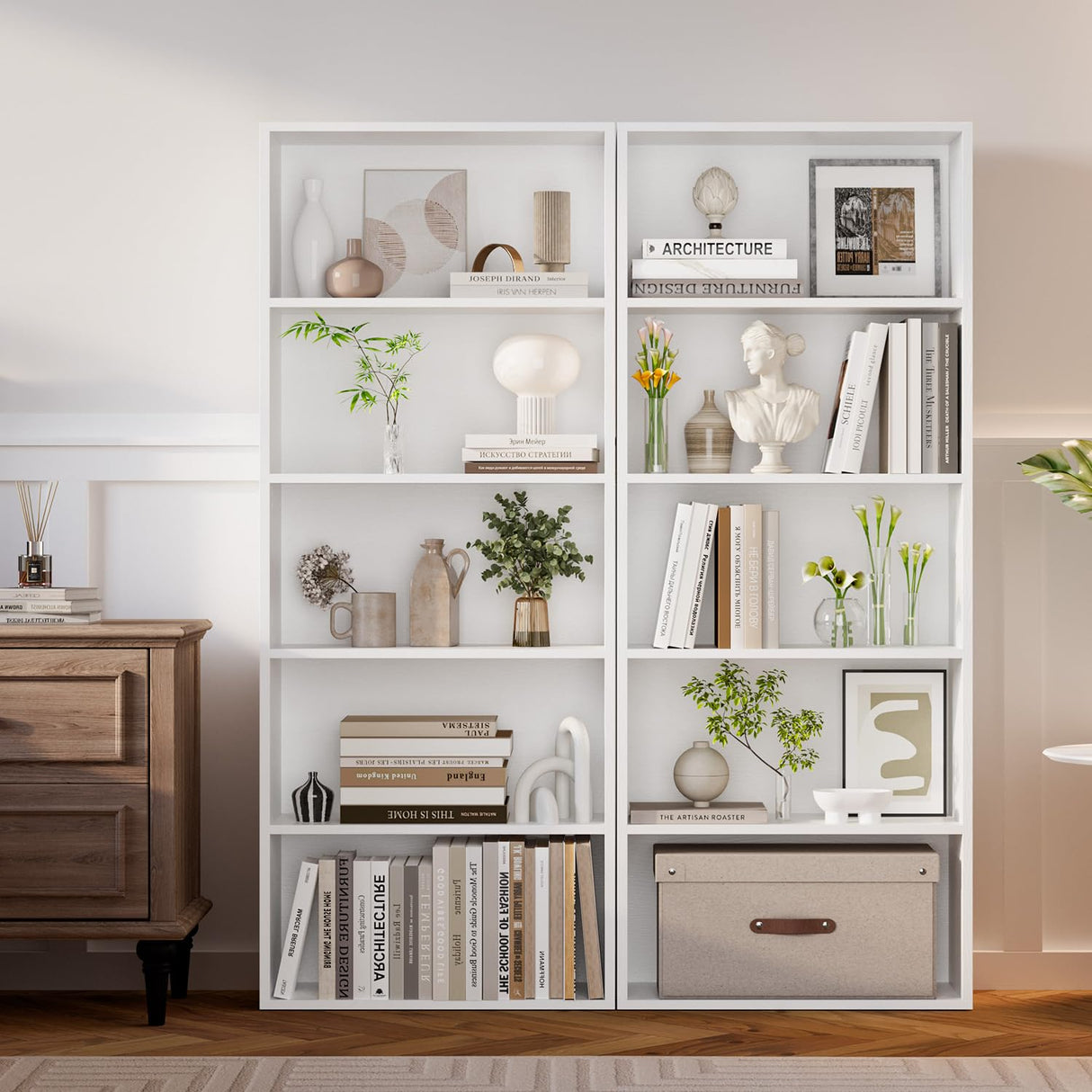 oneinmil Bookshelf 5-Tier Set of 2 Open Bookcase and Bookshelves Wooden Floor Standing Display Wide Storage Shelves Rack 60" Tall for Home Offices, Living Rooms, and Bedrooms, White oneinmil