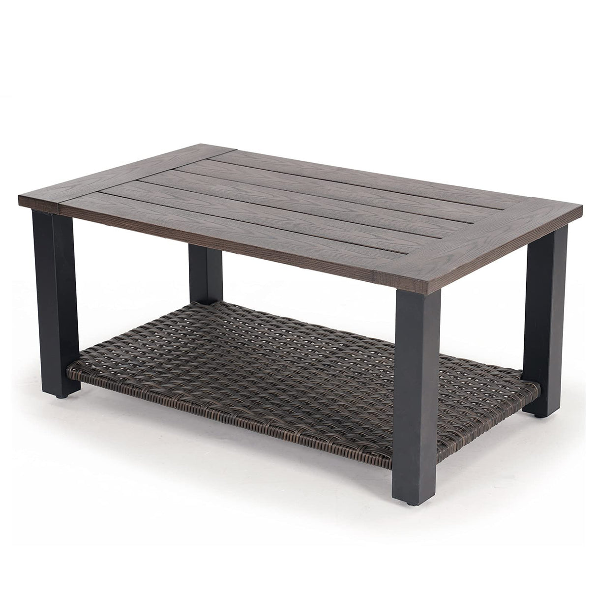 Grand patio Outdoor Coffee Table with Wicker Shelf Storage, 40-inch Rectangle Modern Patio Coffee Table with Faux Wood Tabletop, Fits with Outdoor Conversation Set Grand patio