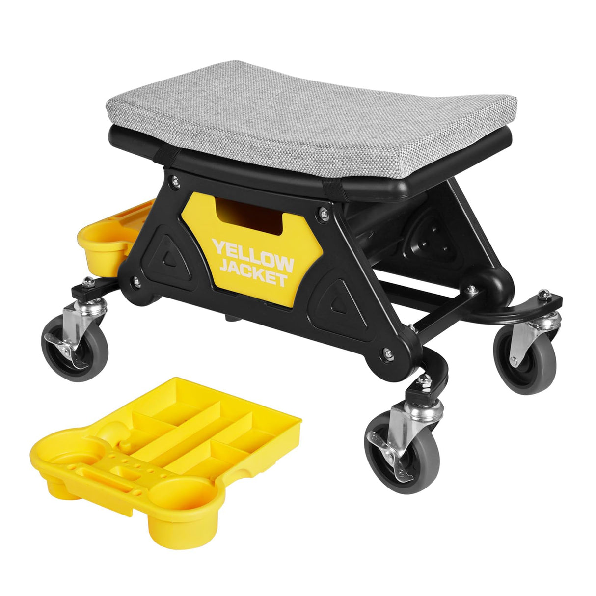 YELLOW JACKET Mechanic Stool with Wheels Rolling Stool Chair 300 lbs Capacity,Garage Mechanics Seat with Two Tool Tray and A Drawer Workshop Creeper Seat for Auto Repair Work YELLOW JACKET