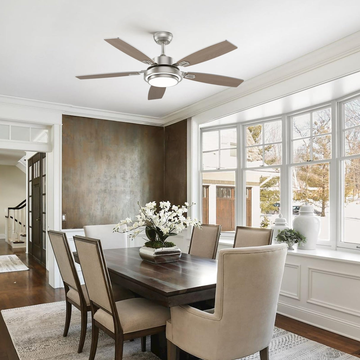 52 Inch Nickel Ceiling Fans with Lights and Remote Control for Bedroom, Modern Ceiling Fan with Quiet Reversible DC Motor, 3CCT, Dimmable, LED for Living Room, Patio, Indoor and Outdoor Fanbliss