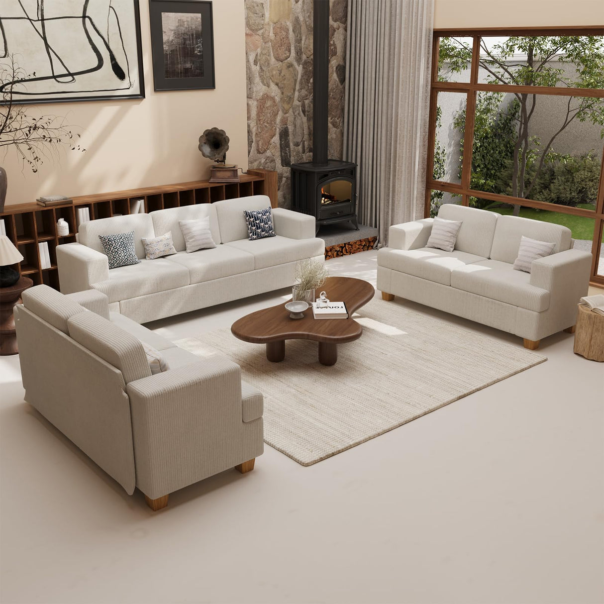 2 Pieces Corduroy Couch Set for Living Room, 5 Seats Cloud Sofa, Deep Seat Floor Couch for Bedroom, Futon Modern Sofa Bed, White Corduroy YOUDENOVA